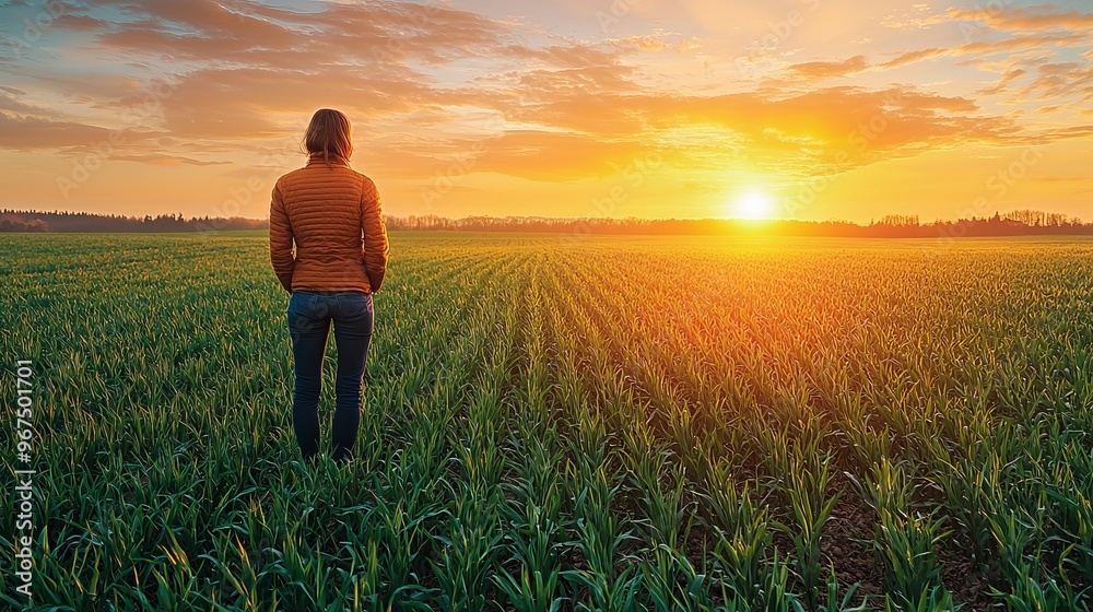 Fototapeta premium A person stands in a lush green field at sunset, enjoying the beauty of nature and tranquility of the moment.