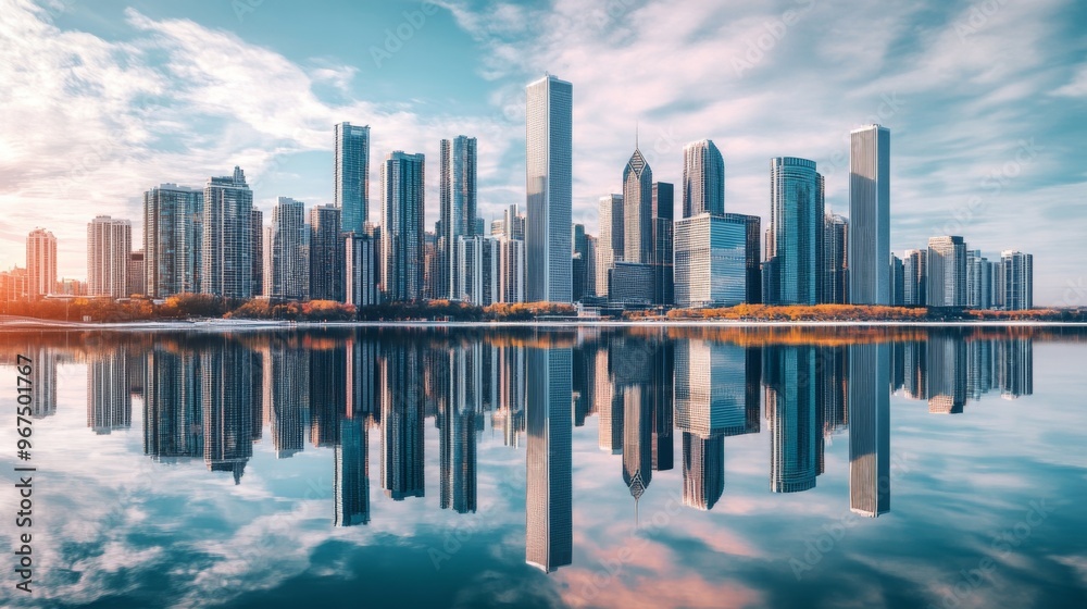 A reflective view of tall city buildings in a nearby body of water, capturing the cityscape's symmetry and the sleek design of modern architecture. A reflective view of tall city buildings in a nearby body of water, capturing the cityscape's symmetry and the sleek design of modern architecture.