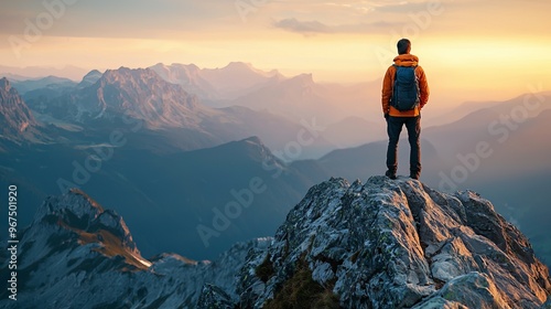 A solitary hiker stands atop a majestic mountain peak, gazing at the breathtaking sunset over distant mountains. photo