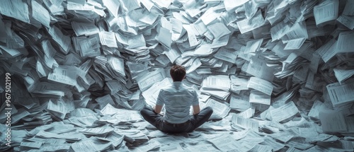 Person buried under an avalanche of bills and invoices, capturing the concept of financial overwhelm, with a focus on the suffocating effect of financial documents