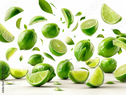 Various falling fresh ripe limi on light white background, horizontal composition photo