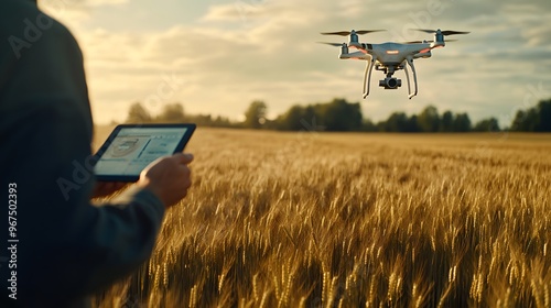 A high-tech drone equipped with cameras and sensors flying over a vast field of wheat. Below, detailed aerial images of the crops are displayed on a tablet held by a farmer.