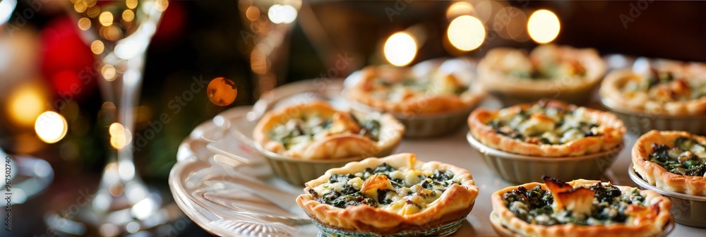 Savory spinach and cheese mini quiches on a decorative platter with sparkling wine in the background Savory spinach and cheese mini quiches on a decorative platter with sparkling wine in the background