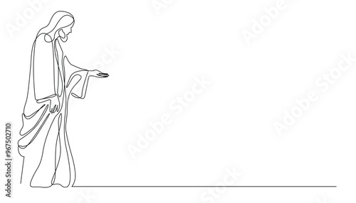 continuous line of jesus reaching out his hand.one line drawing of jesus giving his hand to help the people.single line vector illustration.isolated white background
