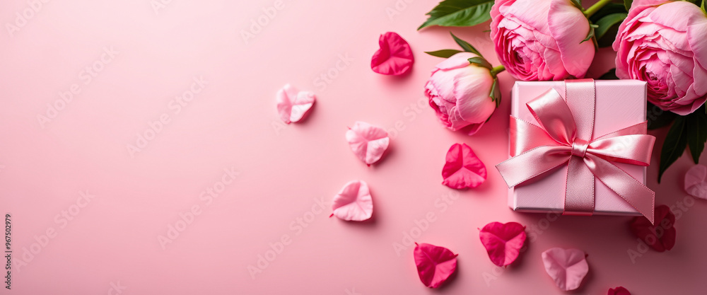 Pink Gift Box with Peony Flowers and Petals Pink Gift Box with Peony Flowers and Petals