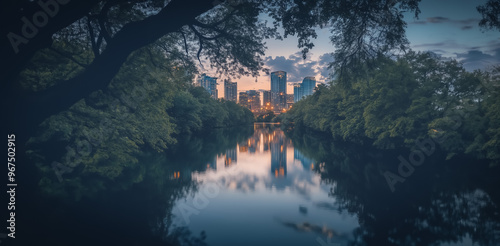 Beautiful city skyline reflected in calm waters at dusk, capturing the contrast between urban development and nature, with soft light creating a peaceful urban landscape. photo