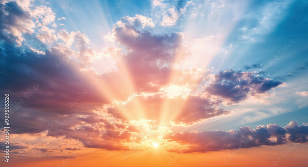 Obraz premium The sun is setting behind the clouds, creating a beautiful orange glow. High quality photo