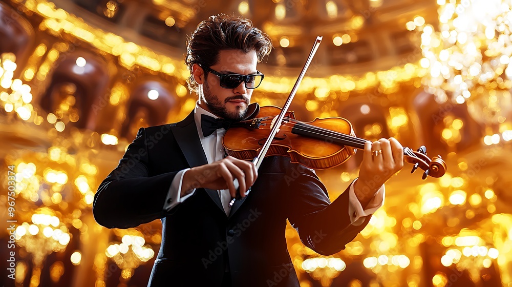 Fototapeta premium An elegant violinist performs in a concert hall, surrounded by golden lights.