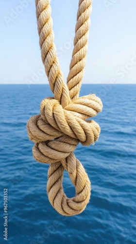 A thick brown rope with loose ends is tied in a knot as it rests above the tranquil surface of the sea, reflecting a peaceful moment of craftsmanship against nature