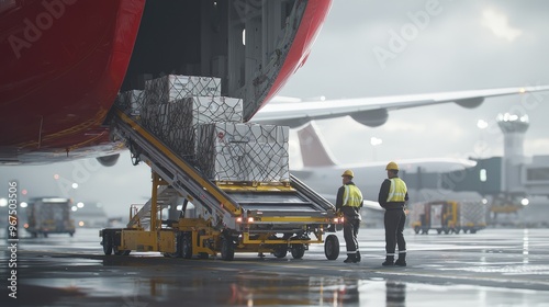 Airport workers supervising cargo loading in an airplane