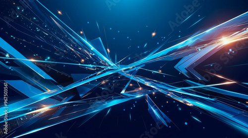 Futuristic Digital Artwork: Dynamic Geometric Shapes with Cobalt Blue Background and Radiant Accents