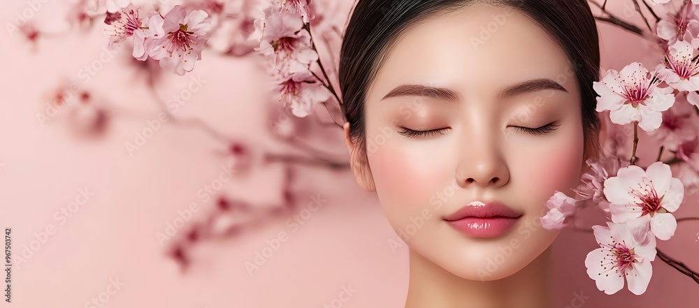 Close-up of a woman's face with cherry blossoms. Close-up of a woman's face with cherry blossoms.