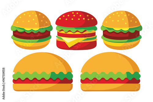 Set of different types delicious burger vector illustration on white background