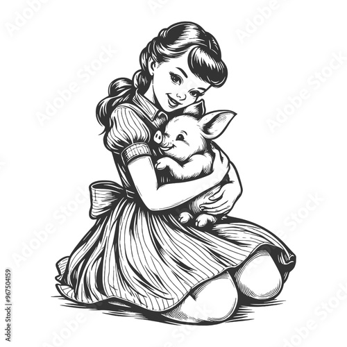 young girl hugging a piglet, evoking innocence, warmth, and farm life imagery sketch engraving generative ai fictional character vector illustration. Scratch board imitation. Black and white image.