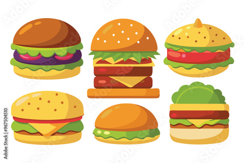 Set of different types delicious burger vector illustration on white background