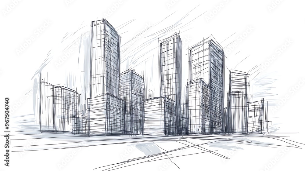 A simple line drawing of a cityscape with tall buildings. A simple line drawing of a cityscape with tall buildings.