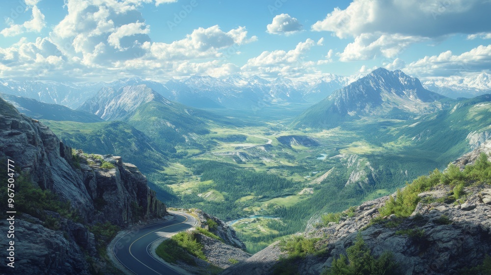 Obraz premium A scenic overlook on a mountain road, with a viewpoint offering stunning vistas of valleys and peaks below, framed by the road.