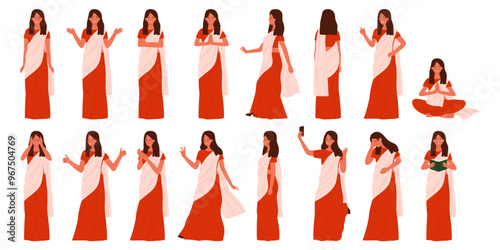 Indian woman with different poses and gestures set. Female character in traditional saree standing and pointing, beautiful lady sitting and walking, posing for selfie cartoon vector illustration