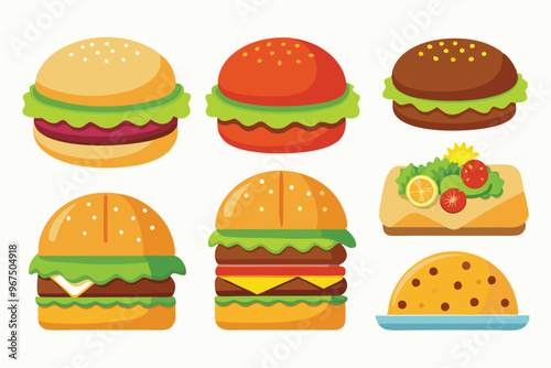 Set of different types delicious burger vector illustration on white background