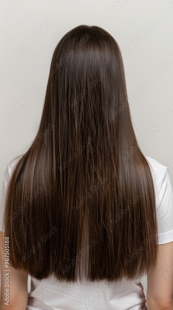 Image shows a woman with long, smooth, dark brown hair in a white t-shirt viewed from the back against a white background. Image shows a woman with long, smooth, dark brown hair in a white t-shirt viewed from the back against a white background.