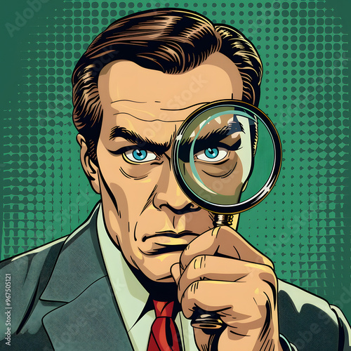 Pop art businessman holding magnifying glass examining closely focused investigation analysis detective style inquiry illustration retro comic design character thorough review inspection expert