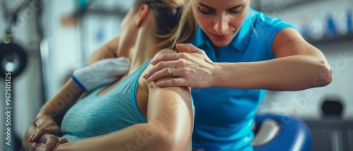 A woman in a gym is getting guidance or treatment from a therapist. She crouches on a machine as the therapist corrects her posture, creating a focused, calm scene. photo