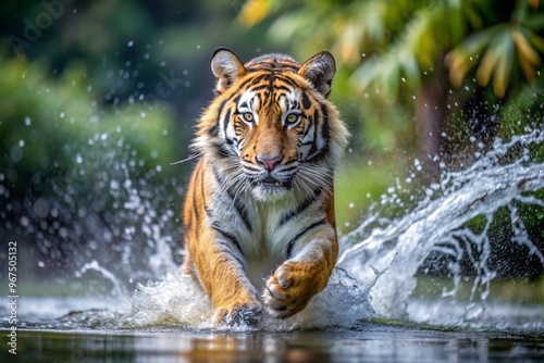 Siberian tiger, Panthera tigris altaica, low angle photo direct face view, running in the water directly at camera with water splashing around. Attacking predator in action. Tiger in taiga environment