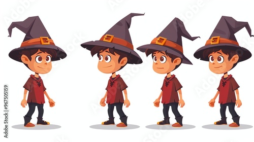 A cartoon boy wearing a witch's hat in four different poses.