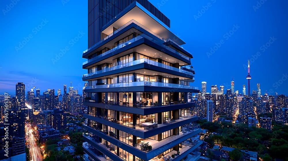 Obraz premium A modern condo building with a stunning city skyline view at night.