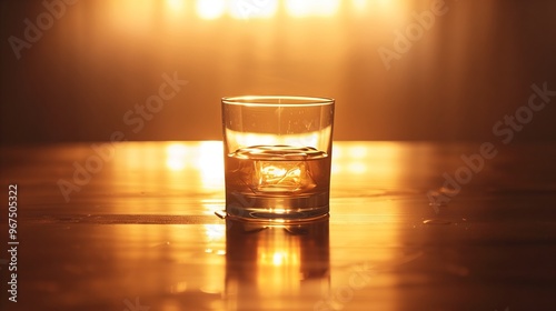 Glass of Whiskey with Ice Cube on a Wooden Table in Warm Light - Premium Whiskey Drink Concept photo