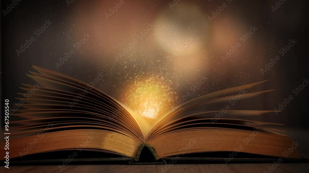 Open golden magic book with fairy tales or spells in dark room and bright light.
