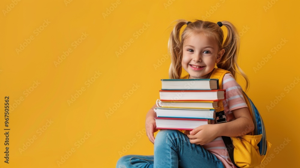 Back To School Concept. Cute Little Schoolgirl Smiling To Camera Sitting With Backpack At Stack Of Books Over Yellow Background