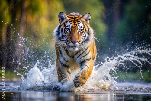 Siberian tiger, Panthera tigris altaica, low angle photo direct face view, running in the water directly at camera with water splashing around. Attacking predator in action. Tiger in taiga environment