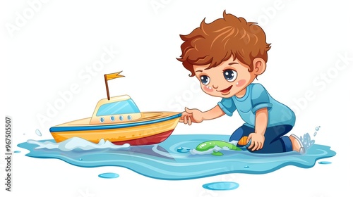 A cartoon boy is playing with a toy boat in a puddle.