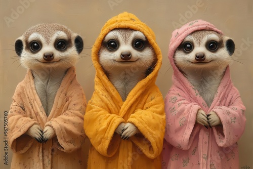 playful nursery art illustration of meerkats wearing colorful robes and having a pajama party with whimsical details and soft pastel colors