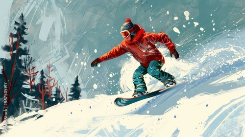 A dynamic image of a snowboarder in red attire, gliding down a snowy slope with a snow-covered forest. The scene exudes a lively winter sports vibe.