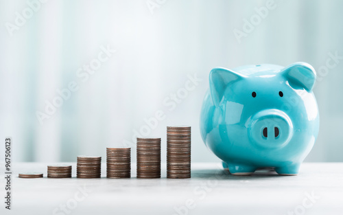 A blue piggy bank and stack of coins are neatly arranged on a table against a bright white background. The image represents the concept of saving money for the future. photo