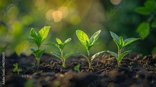 Fresh Green Seedlings Growing in Rich Soil Under Soft Light