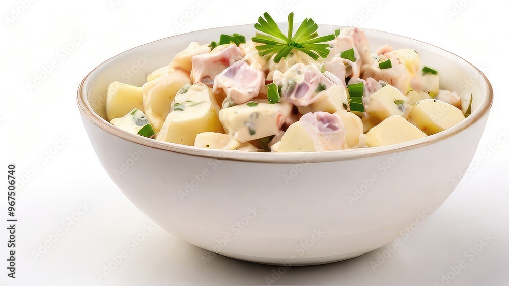 one bowl of potato salad with mayo and vinaigrette isolated on a white background one bowl of potato salad with mayo and vinaigrette isolated on a white background