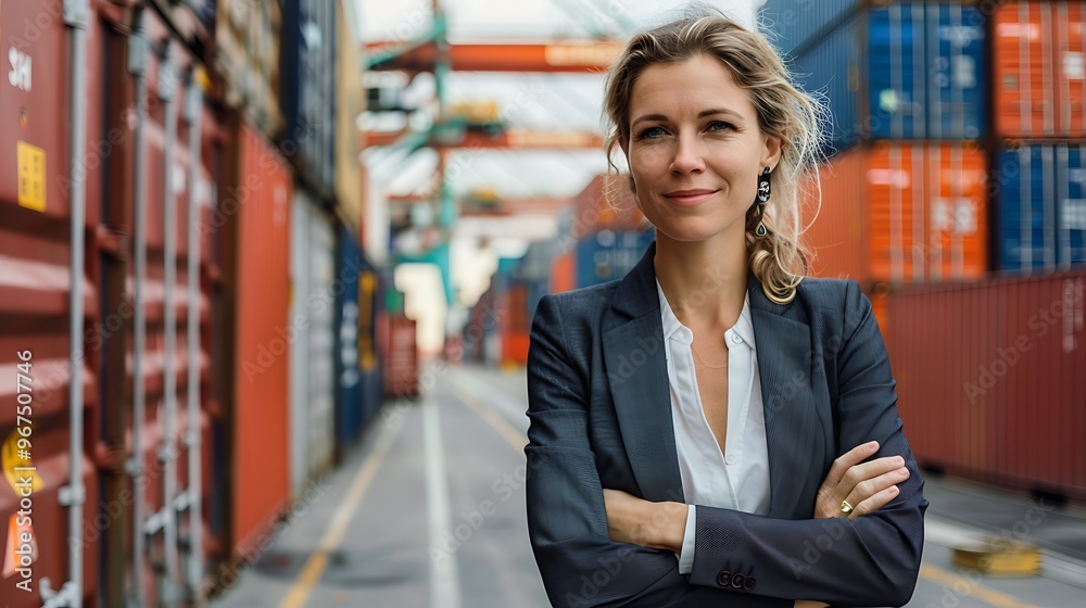 Caucasian Woman Working in Container Port Terminal, Professional Attire, Portrait Shot, Container Port