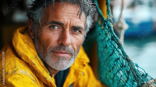 portrait of a weathered fisherman in a vibrant yellow jacket holding a green fishing net textured skin and saltworn clothing emphasize years of experience at sea photo