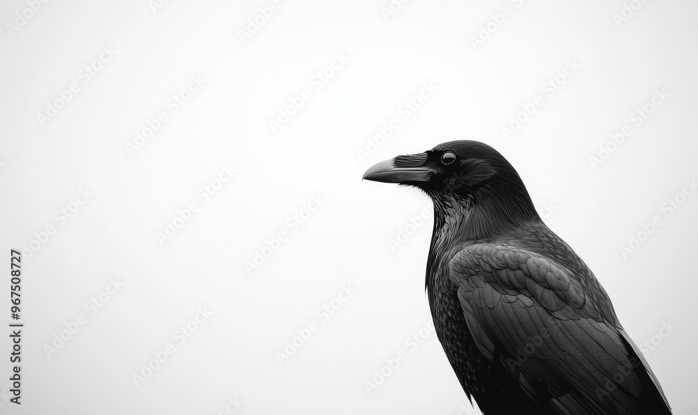 Fototapeta premium A Solitary Raven Stands Against a Gray Sky, Capturing Its Striking Profile and Demeanor