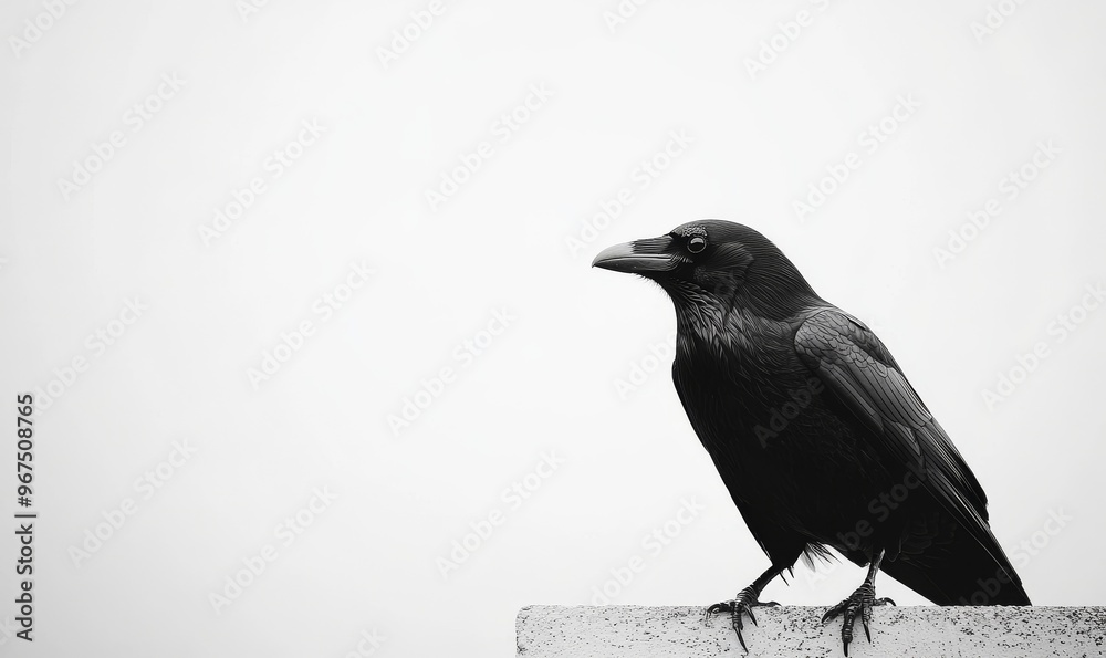 Fototapeta premium A Solitary Crow Perched on a Ledge Against a Monochrome Background During Daylight Hours