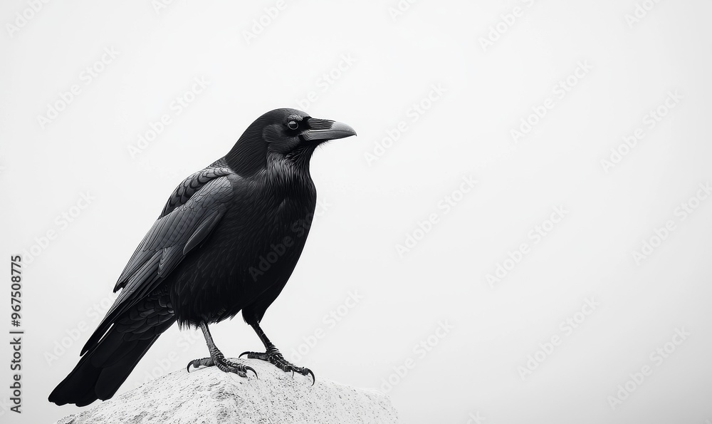 A Solitary Raven Perched on a Rock Against a Minimalist Gray Background on a Cloudy Day A Solitary Raven Perched on a Rock Against a Minimalist Gray Background on a Cloudy Day
