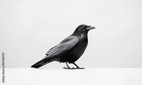 A Raven Stands Alone on a White Background, Showcasing Its Glossy Feathers and Sharp Beak