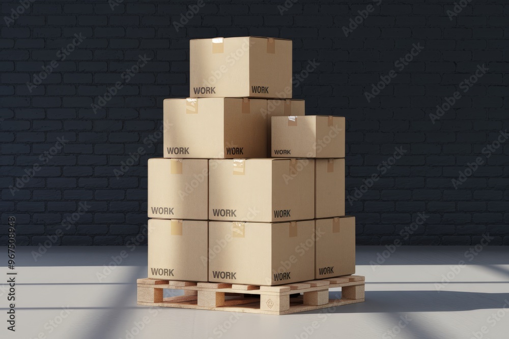Stack of cardboard boxes with word work, black brick wall in the background, delivery concept.