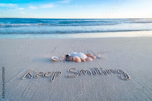 Inspirational beach message with seashells and the words 'Keep Smiling'.