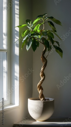 a potted twisted stem plant by the window in minimalist style of indoor plants