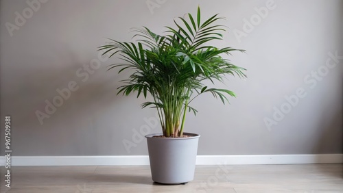 A Potted Palm Plant in a Gray Pot Against a Grey Wall