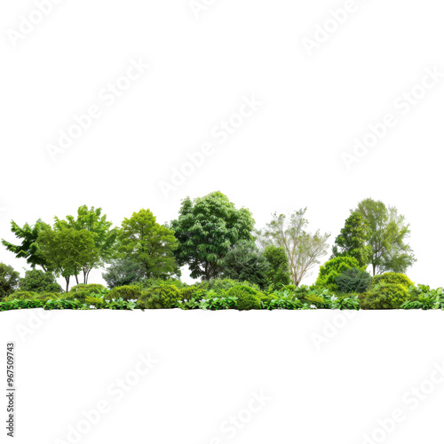 Green trees and shrubs in a natural row on white background photo